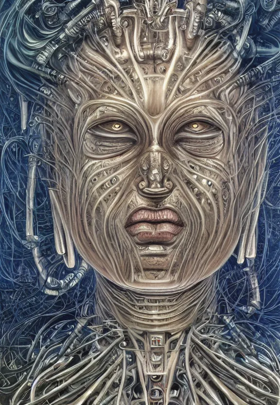 Image similar to perfectly centered portrait, front view of a beautiful biomechanical cyberpunk alien android robot buddha, female, flowing hair, intense stare, sarcastic smile, symmetrical, concept art, intricate detail, volumetric shadows and lighting, realistic oil painting by alex grey and h. r giger,