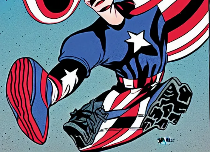 Prompt: sneakers of captain america by tim burton, view from the side, comics book cover style