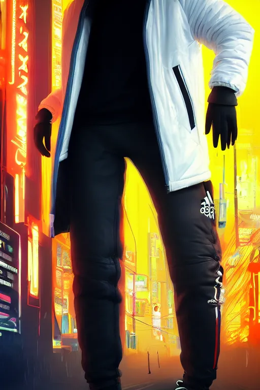 Image similar to extreme long shot. 35 years old blonde russian man in white adidas pants. black letaher jacket. white sneakers. hangover face. staying on the street. 4k, 8k, hyprerealistic, extreme hight detail, trending on artstation, masterpiece. bladerunner 2049 colors. colourful. psychedelic colors