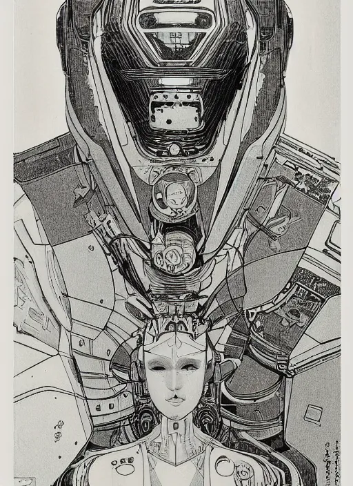 Image similar to 2 d illustration, grained risograph, vintage sci - fi comicbook portrait of a futuristic silver armored geisha district 9 cyborg, parallax, fractal, intricate, elegant, highly detailed, subsurface scattering, by jheronimus bosch and moebius louis jacques mande daguerre and szukalski