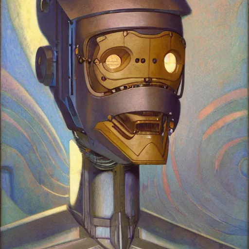 Image similar to the robot wearing her human mask, by jessie willcox smith and donato giancola and nicholas roerich, symbolist, dramatic lighting, elaborate geometric ornament, art brut, god rays, soft cool colors, smooth, sharp focus, extremely detailed