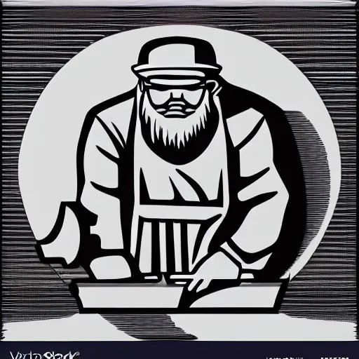 Prompt: bearded man turning bowl woodlathe, lathe, machinery, sawblade border, vector art, simple, clean, monochromatic, logo