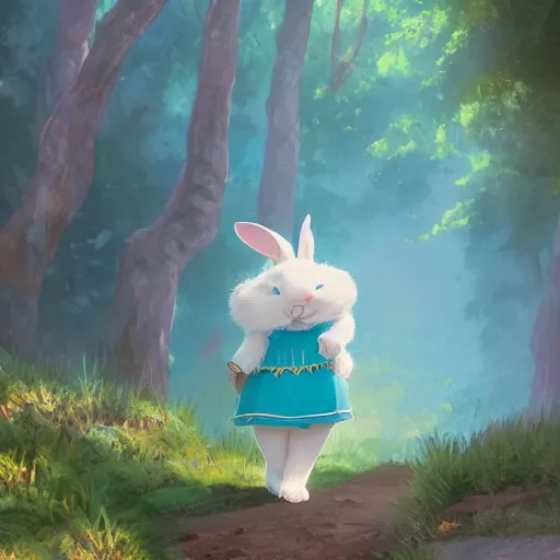 Image similar to concept art painting of a chubby white rabbit wearing a turquoise dress, in the deep forest, realistic, detailed, cel shaded, in the style of makoto shinkai and greg rutkowski and james gurney