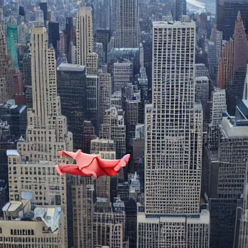 Image similar to a pig flying above new york