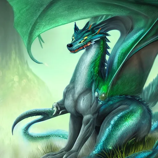 Prompt: An elegant green, blue dragon with a wolf like face, it has a furry body and leathery wings, sitting on a clearing in a flowery, jungle, detailed, mtg, digital illustration, trending on artstation