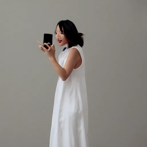 Image similar to a woman taking a picture of herself in a white dress, a picture by lu ji, trending on cg society, rococo, white background, feminine, full body