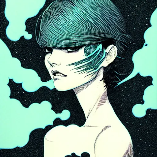 Image similar to portrait soft light, by killian eng and joe fenton and conrad roset, inspired by akira anime, etching, fine, sharp high detail, screen print,