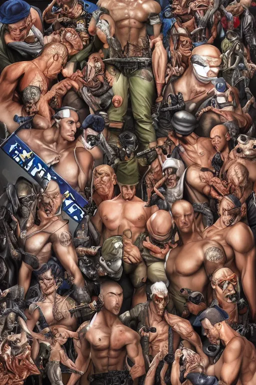 Image similar to place full of tunnel rats - pop art, hyperrealistic, detailed by artgerm and richard hamilton and mimmo rottela and bob rafei and kazuma kaneko and bengus and yoshitaka amano, very detailed symmetrical anatomy, detailed dynamic anatomy, realistic detail human looks