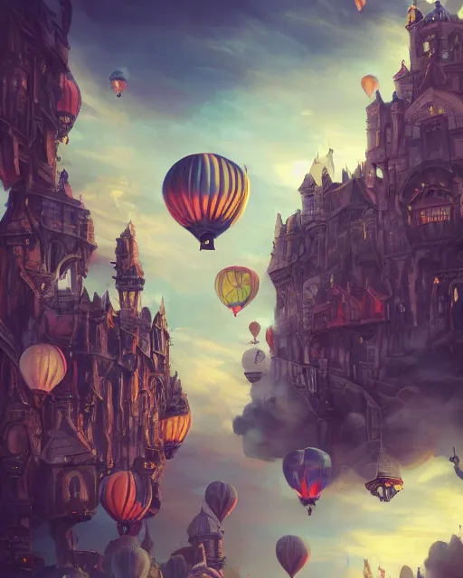 Prompt: flying cloud castle, buildings, baloons, atmosphere, glow, detailed, full of colour, cinematic lighting, trending on artstation, 4 k, hyperrealistic, extreme details, bright, blue sky, cloudy, fantasy, masterpiece, art by wylie beckert