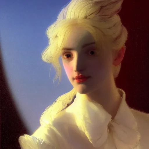 Image similar to a young woman's face, her hair is white and she wears a cobalt blue satin cloak, by ivan aivazovsky and syd mead and moebius and gaston bussiere and roger dean and pieter claesz and paul delaroche and alma tadema and aelbert cuyp and jean giraud, hyperrealistic, volumetric light, octane render