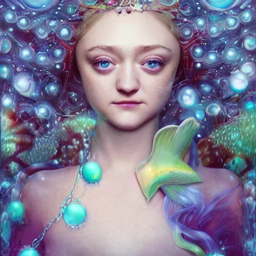 Prompt: dakota fanning portrait, fantasy, mermaid, hyperrealistic, game character, underwater, highly detailed, sharp focus, cinematic lighting, pearls, glowing hair, shells, gills, crown, water, highlights, starfish, jewelry, realistic, digital art, pastel, magic, fiction, ocean, king, colorful hair, sparkly eyes, fish, heroic, goddess, waves, bubbles, queen