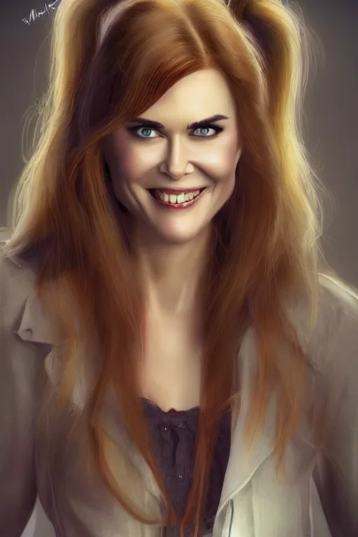 Image similar to mix of beautiful young maria shriver, mariel hemmingway, brooke shields, nicole kidman and elle macpherson as a vampire showing vampire teeth, ready to bite, thin lips, hair tied up in a pony tail, dark blonde hair, colorful, deviantart, artstation, cgsociety