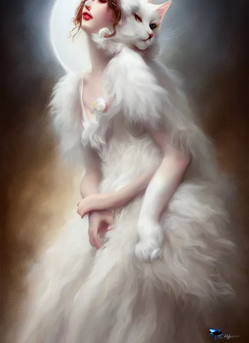 Prompt: a beautiful fluffy white cat with baroque dress, painted by artgerm and tom bagshaw, fantasy art, dramatic lighting, highly detailed oil painting