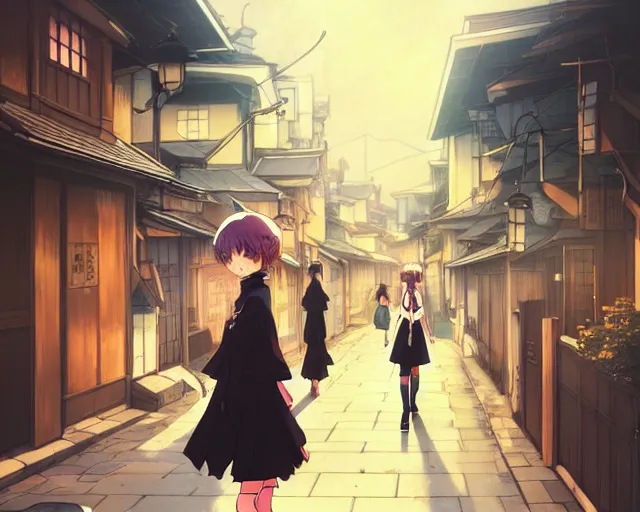 Prompt: key anime visual portrait of a young female witch walking through a busy village, ilya kuvshinov, dynamic pose, dynamic perspective, cinematic, dramatic lighting, muted colors, detailed silhouette, textured, anime proportions, kyoto animation, haibane renmei