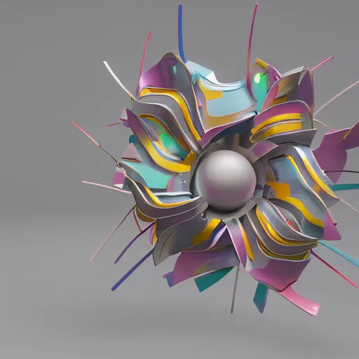 Image similar to 3d kinetic sculpture, futurism, abstract art, geometric shapes, studio lighting, octane render