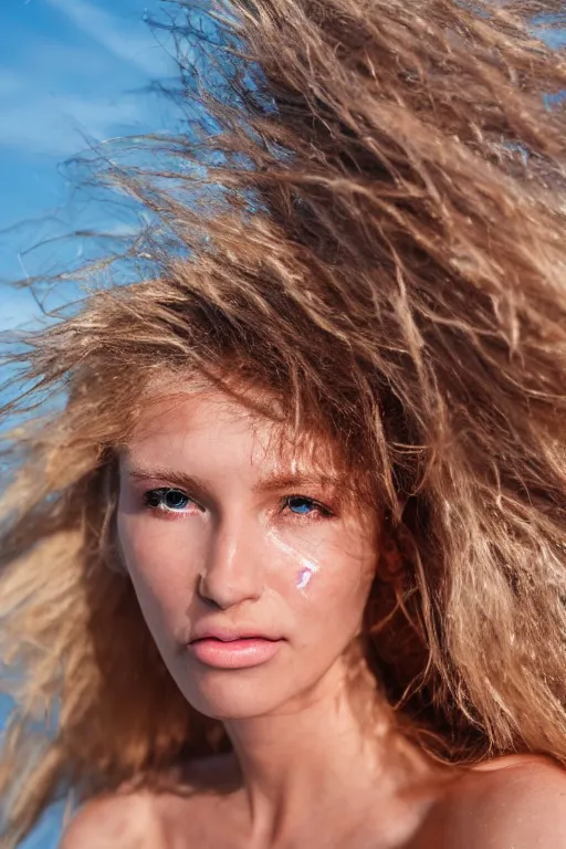 Image similar to head shot photo of a blonde female model in her twenties, hair wet, wearing a designer top, looking content, photo realistic, extreme detail skin, natural beauty, no filter, slr, golden hour, 4 k, high definition, selfie