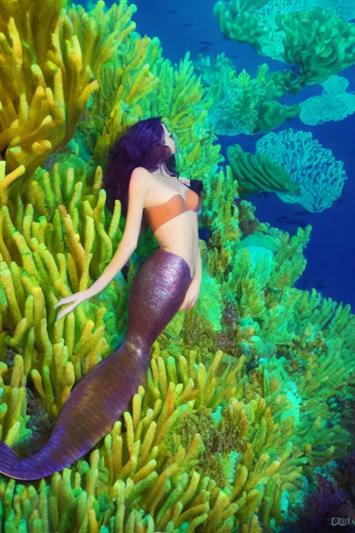 Image similar to beautiful mermaid swimming through bioluminescent algae coral reefs by dang my linh