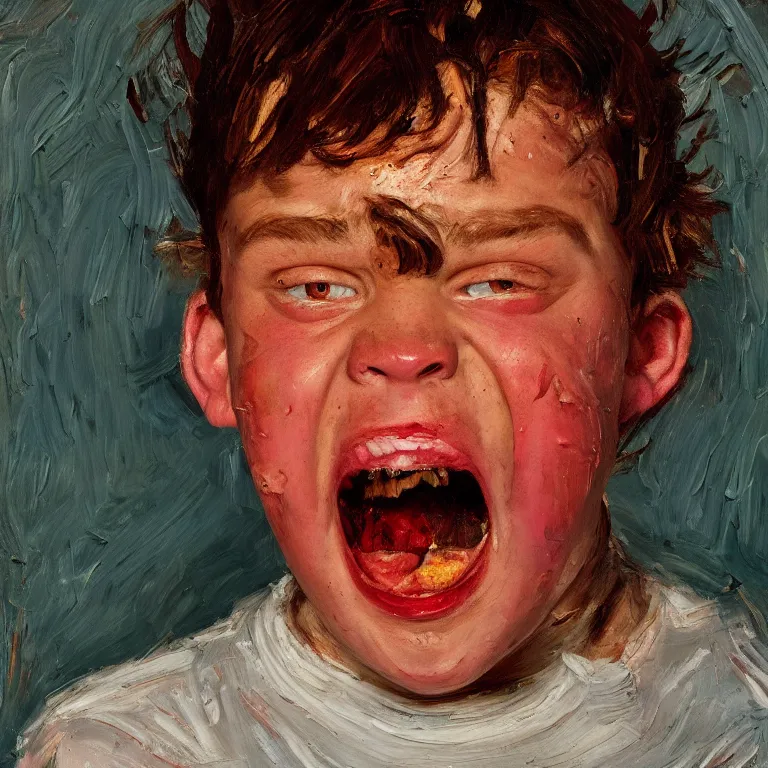 Image similar to warmly lit close up studio portrait of young angry!! screaming! teenage George Costanza furious!, impasto oil painting thick brushstrokes by Lucian Freud and Cy Twombly and Tim Hawkinson , trending on artstation dramatic lighting Expressionism