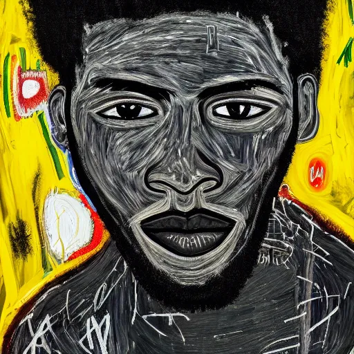 Image similar to A extremely highly detailed majestic hi-res beautiful immaculate head and shoulders painting of a strong black african man by Jean-Michel Basquiat, 8k, high textures, hyper sharp, insanely detailed and intricate, super detailed, 4k HDR high quality