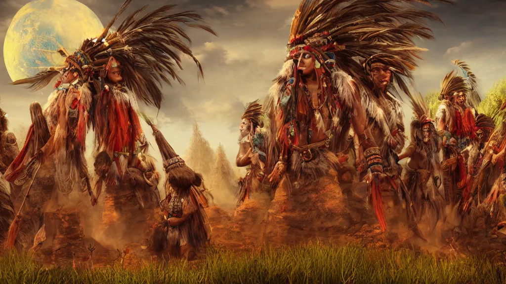 Image similar to indian tribe, fantasy artwork, very very very beautiful scenery, hd, hdr, ue5, ue6, unreal engine 5, cinematic 4k wallpaper, 8k, ultra detailed, high resolution, artstation, award winning