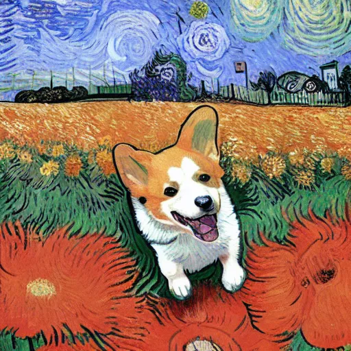 Image similar to a corgi jumping through a field of flowers by van Gogh