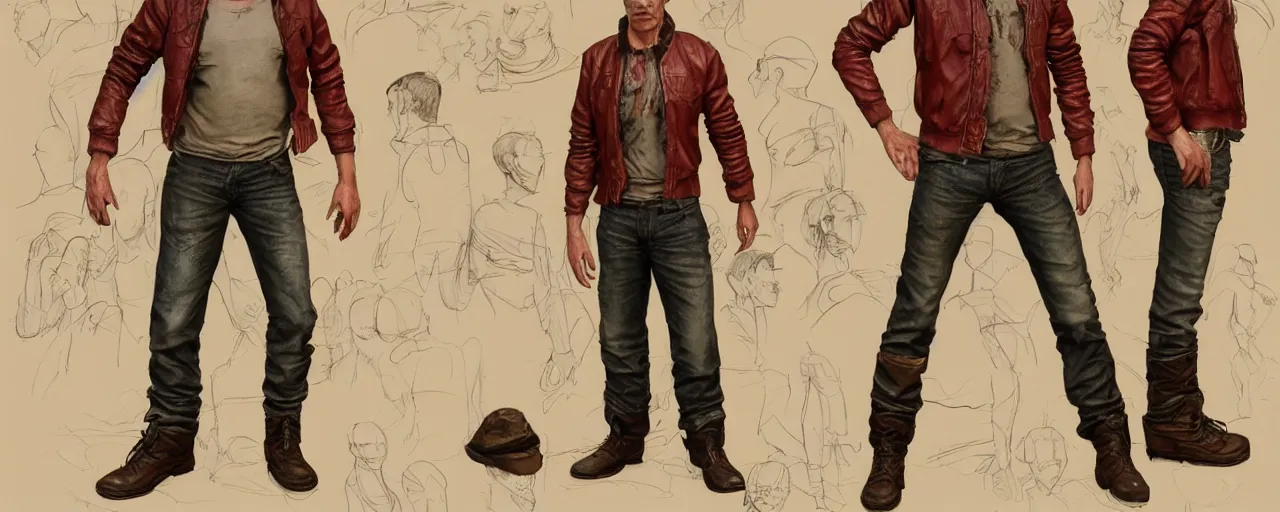 Image similar to character design, reference sheet, fashion, exagerrated thin, gaunt, 40's adventurer, unshaven, optimistic, stained dirty clothing, straw hat, riding boots, red t-shirt, dusty rown bomber leather jacket, , detailed, concept art, photorealistic, hyperdetailed, 3d rendering , art by Leyendecker and frazetta,