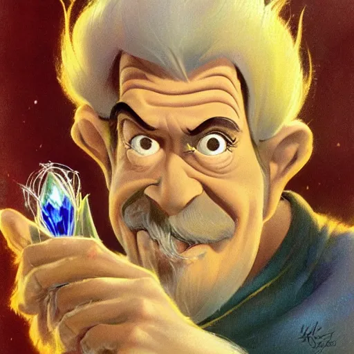 Image similar to exquisite portrait of an old wizard with a crystal wand, rodel gonzalez, marc davis, milt kahl, jim warren, don bluth, glen keane, jason deamer, rob kaz, character art, concept art