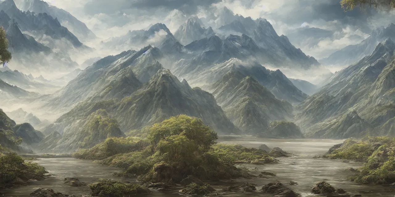 Prompt: a beautiful painting of a scene about a panorama of rivers and mountains, by xun ren and james jean, trending on artstation., ultrawide viewn and highly detailed matte painting