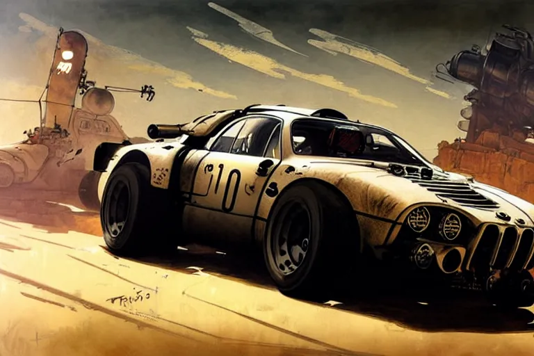 Prompt: dieselpunk mad max's bmw m 1 alpine a 1 1 0 : : speeding over the horizon : : painted by greg rutkowski makoto shinkai takashi takeuchi studio ghibli, akihiko yoshida