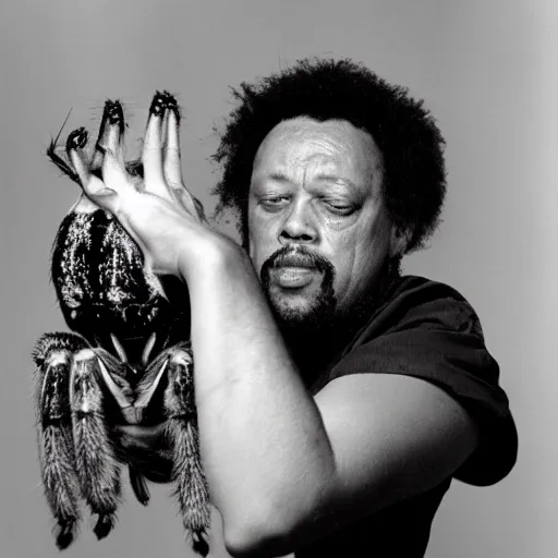 Image similar to charles mingus cradling a big hairy spider, professional photograph