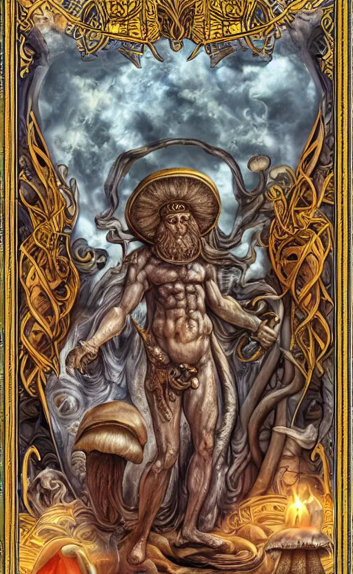 Image similar to a masterpiece hyperdetailed dnd tarot card, magnificent shrigma the mushroom deity as depicted in a colossal greek marble statue ( with godlike bodybuilder physique ), hd tarot card depicting monumental statue of a mushroom god with cute large mushroom hat, hdr, 8 k, artstationhq, digital art