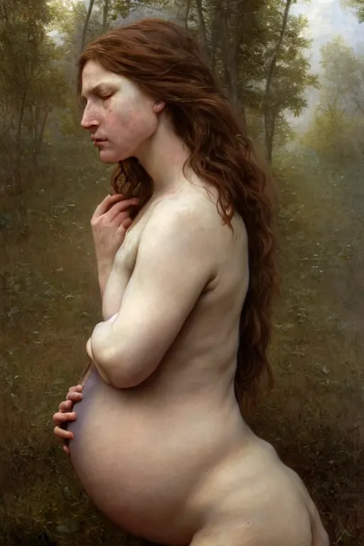 Prompt: pregnant woman in dystopia by Alyssa Monks, Bouguereau. full-shot, hyper realism, realistic proportions, dramatic lighting, high detail 4k