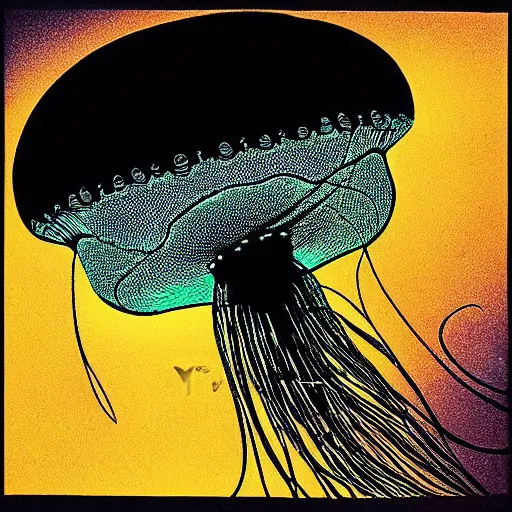 Image similar to cell shading jellyfish on black paper, vivid colours, by moebius, hiroshi yoshida, druillet