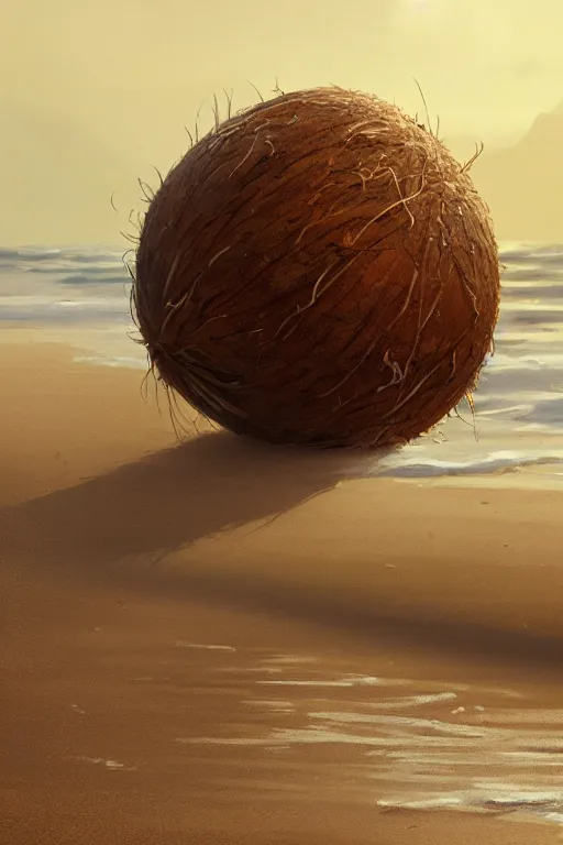 Image similar to a coconut laying on the beach, intricate, elegant, volumetric lighting, scenery, digital painting, highly detailed, artstation, sharp focus, illustration, concept art,ruan jia, steve mccurry