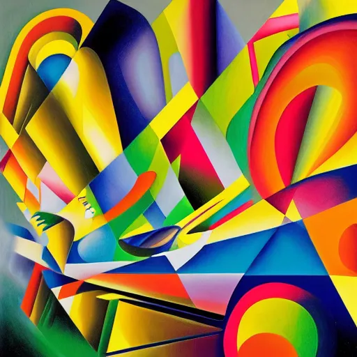 Prompt: a surreal neon painting of zaha hadid 3 d kandinsky cityscape made of cubism futuristic picasso rooms in 3 point perspective by vladimir kush and dali and kandinsky, 3 d, realistic shading, complimentary colors, vivid neon colors, aesthetically pleasing composition, masterpiece, 4 k, 8 k, ultra realistic, super realistic