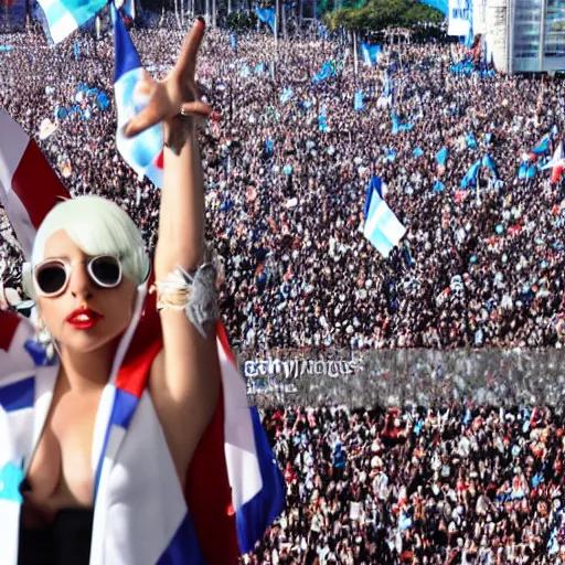 Image similar to Lady Gaga as president, Argentina presidential rally, Argentine flags behind, bokeh, giving a speech, detailed face, Argentina