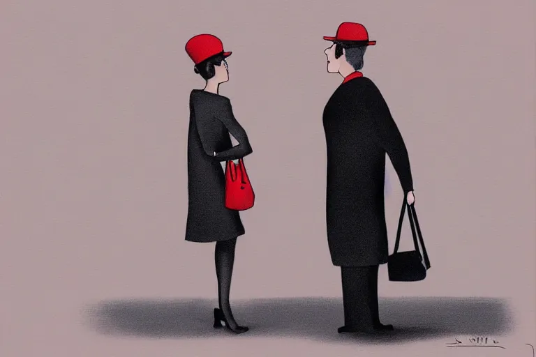 Image similar to tall, security guard checks the bags of a worried looking woman, art, satire