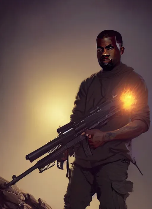 Image similar to highly detailed portrait kanye west holding rifle in gta v stephen bliss unreal engine fantasy art by greg rutkowski loish rhads ferdinand knab makoto shinkai lois van baarle ilya kuvshinov rossdraws tom bagshaw global illumination radiant light detailed intricate environment