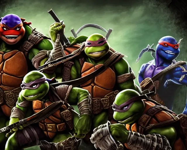 Image similar to a gaming screenshot still portrait of teenage mutant ninja turtles in mortal kombat, deep focus, d & d, fantasy, intricate, elegant, highly detailed, digital painting, artstation, concept art, matte, sharp focus, illustration, dark fantasy style art, hearthstone, art by artgerm and greg rutkowski and alphonse mucha