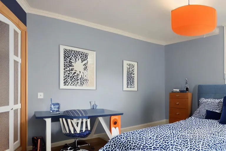 Image similar to a 10 by 11 foot room with white with a criss cross pattern in blue grey walls, white ceiling with wires running across them and fire alarm, the trim on the ceiling is orange wood, navy blue carpet, a small bed, desk, two wooden wardrobes, a little side table in a light wood veneer, a window, desk fan, table light, and an old TV, and a ceiling fan gives off a dim orange light