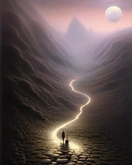 Image similar to a hyper - detailed 3 d render like an oil painting of the moonlit, northern path to the sunlit valley, surrealism!!!!! surreal concept art, lifelike, photorealistic, digital painting, aesthetic, smooth, sharp focus, artstation hd, by greg rutkowski, bruce pennington, valentina remenar, rhads, asher duran,