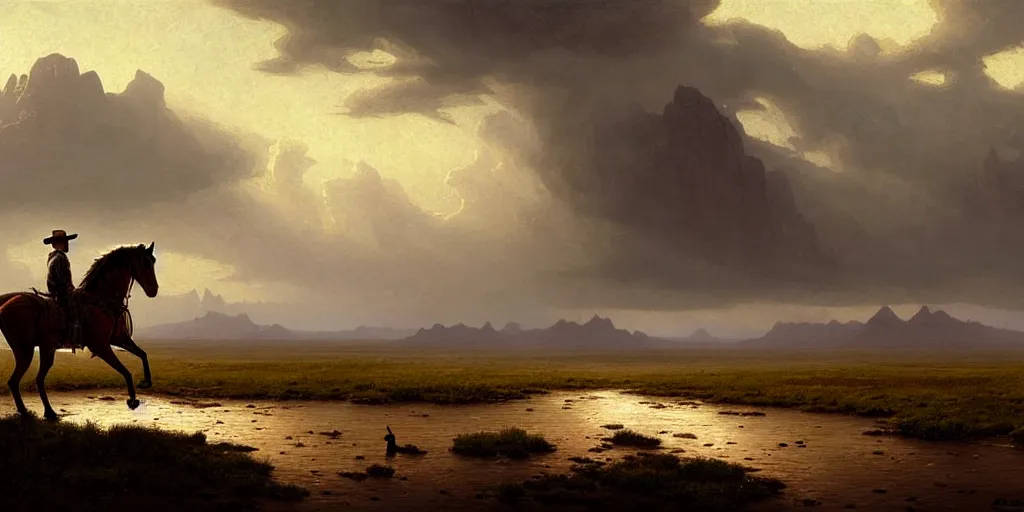 Prompt: a lonesome cowboy on his horse is crossing american plains with a small riverbed, mountaineous background, cloudy day, highly detailed, digital art, by greg rutkowski, by albert bierstadt