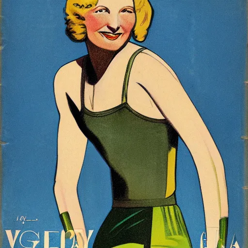 Prompt: a 1 9 2 8 cover of vogue. happy, healthy, beautiful, smiling, young, sporty, glowing greta garbo in decent athletic wear. realistic detailed color drawing