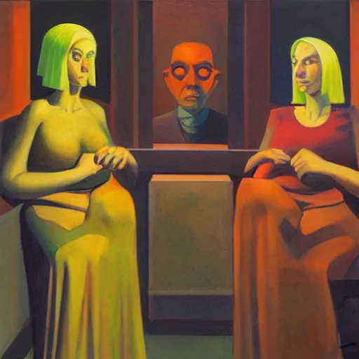 Image similar to three brutalist seers watchers oracles soothsayers portrait, pj crook, grant wood, edward hopper, syd mead, oil on canvas