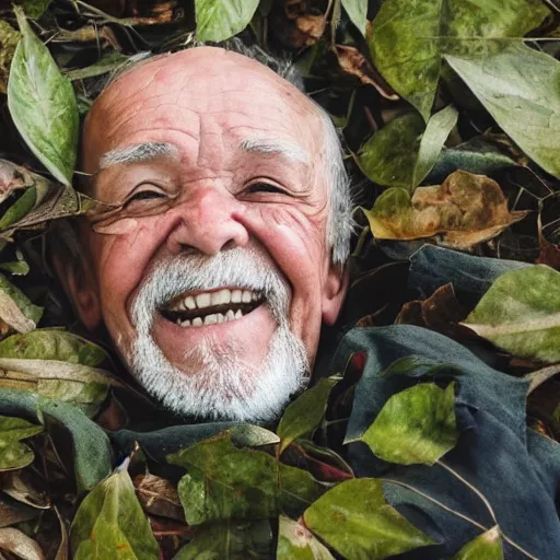 Image similar to an smiling old man hidden under leaves