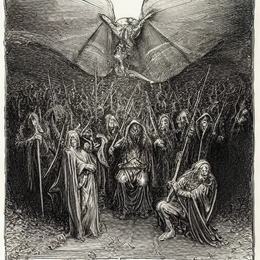 Image similar to lord of the rings, by gustave dore and albrecht durer