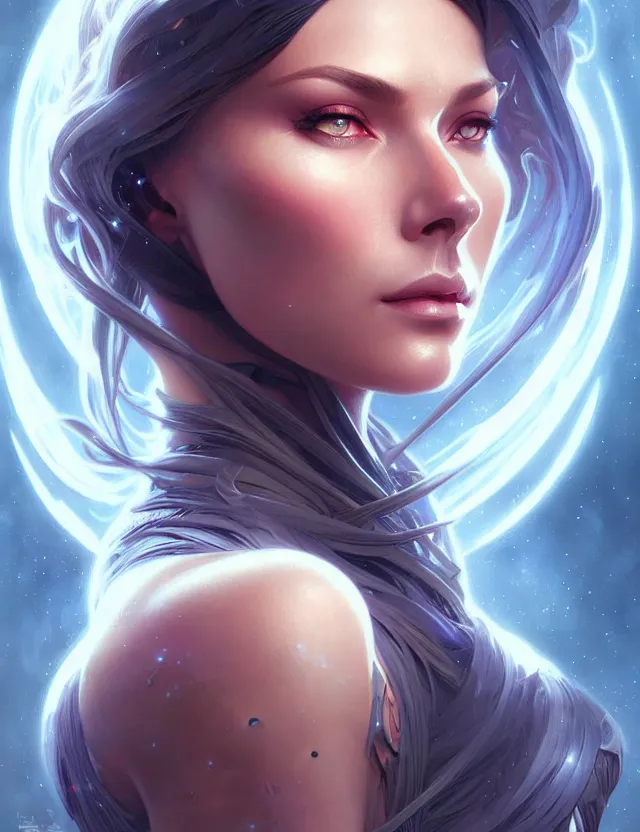 Image similar to futuristic woman portrait, sci-fi, amber eyes, face, long hair, fantasy, intricate, elegant, highly detailed, digital painting, artstation, concept art, smooth, sharp focus, illustration, art by artgerm and greg rutkowski and alphonse mucha