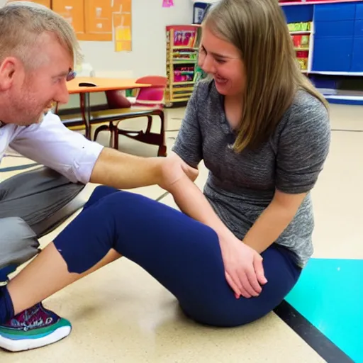 Prompt: a coed girl getting her feet tickled by a teacher with a feather