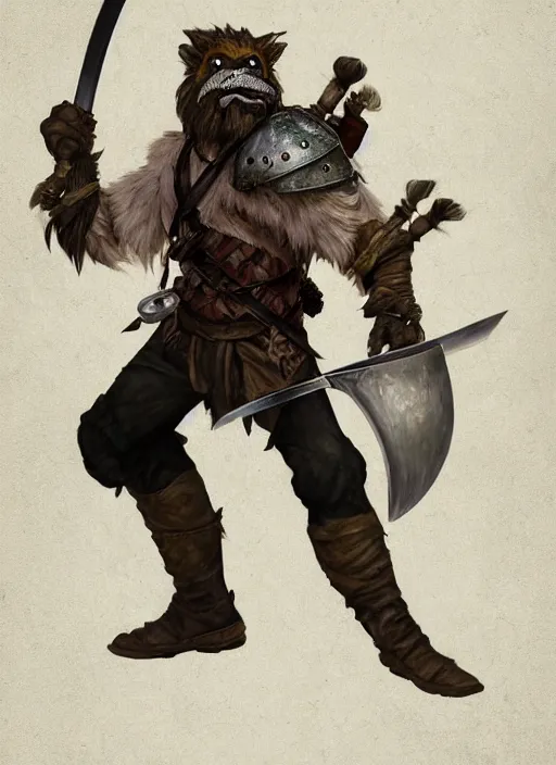 Image similar to photorealistic bugbear ranger holding sword on fire, magic, black beard, dungeons and dragons, pathfinder, roleplaying game art, hunters gear, jeweled ornate leather and steel armour, concept art, character design on white background, by sargent, norman rockwell, makoto shinkai, kim jung giu, artstation trending, poster art, colours red