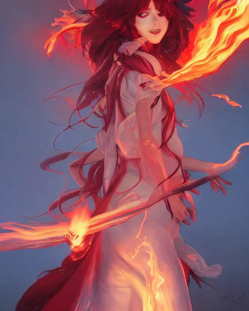 Image similar to red eyed beautiful long haired anime girl, full body photo, flames everywhere, highly detailed, digital painting, artstation, concept art, smooth, sharp focus, illustration, art by artgerm and greg rutkowski and alphonse mucha